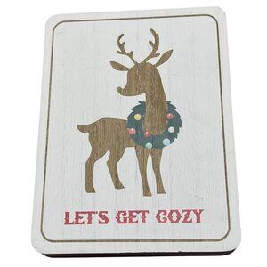all is bright tabletop wood plaque rectangle reindeer wreath let's get cozy READ